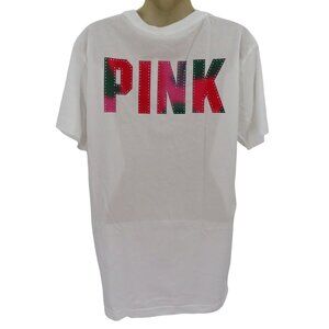 PINK Victorias Secret Women Large Crewneck Rhinestone Short Sleeve Tee Shirt NEW